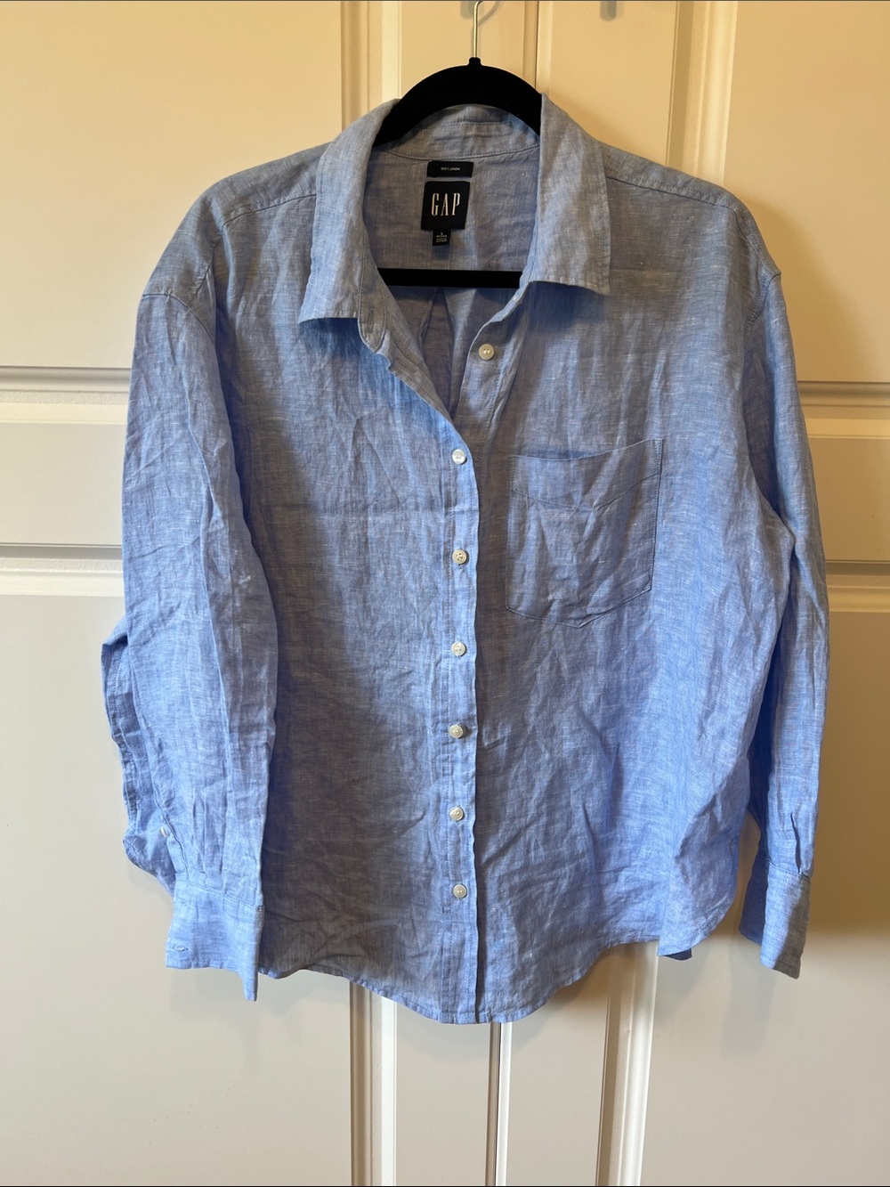 Gap 100% Linen Oversized Button Down, Blue, L Petite
